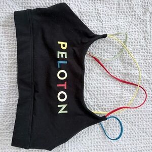 Peloton Black Sports Bra with Multicolor Logo and Bright Straps